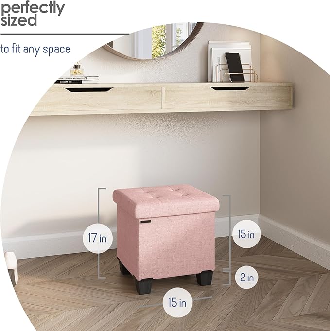 STORAGEBUD Storage Ottoman Cube with Small Bin, 16-in Square Ottoman with Storage for Living Room and Bedroom, Small Ottomans Foot Rest, Fabric Foot Stools Ottomans Max 330lbs, Pink