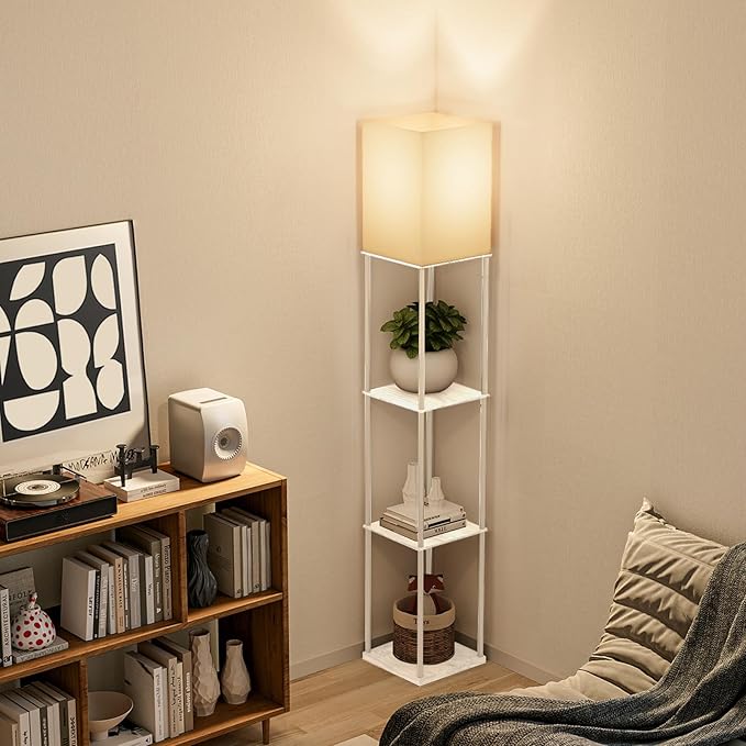 Floor Lamp with Shelves, Modern Square Standing Lamp with 3 Color Temperature Bulb, Corner Display Bookshelf Lamp for Living Room, Bedroom and Office