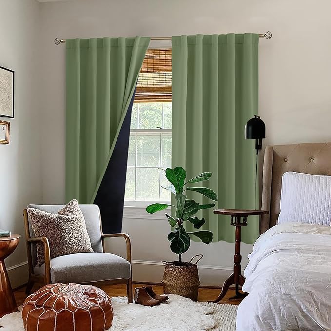 BGment Grass Green 100% Blackout Curtains 63 Inch Length with Reducing Noise Liner, Rod Pocket and Back Tab Double Layer Full Room Darkening Window Curtain for Bedroom, 2 Panels, Each 42 x 63 Inch