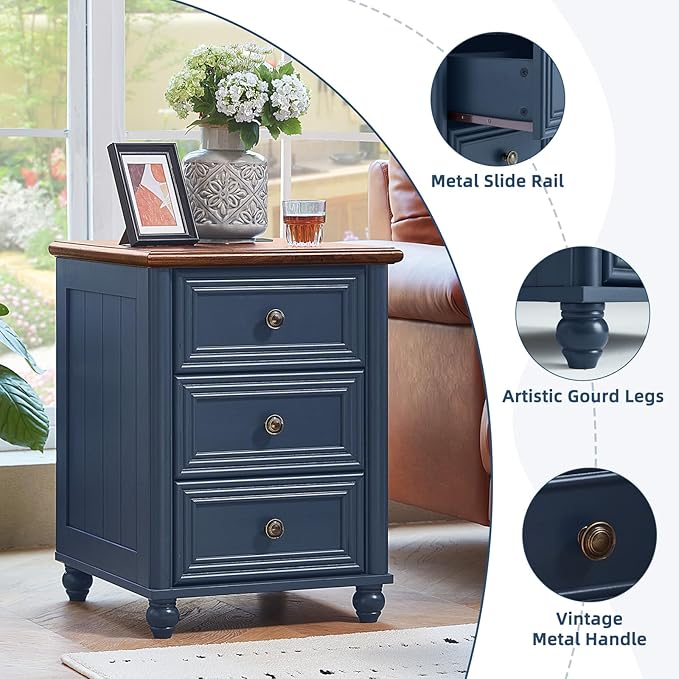 18" Farmhouse Night Stand Set 2 with Charger Station, Blue 2 & 3 Drawers Wood Nightstand, Bedside End Table with Storage and Roman Column, Bed Side Tables Cabinet for Bedroom, Living Room, and Closet