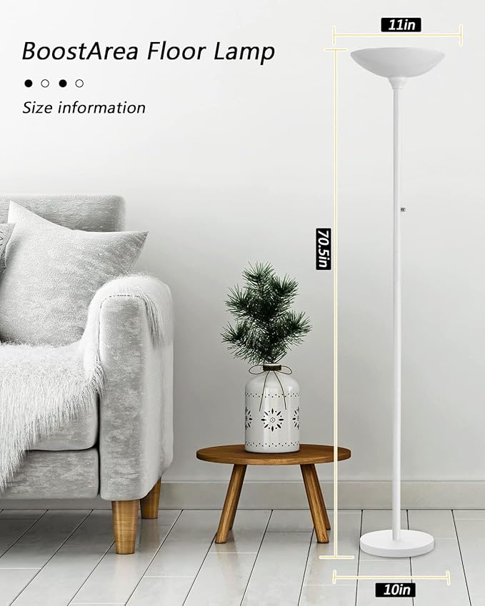 BoostArea Torchiere Floor Lamp, 30W Super Bright LED Standing Lamp, 3000K Stepless Dimmable Pole Lamp with Rotary Switch, 70 Inch Tall Metal Modern White Floor lamp for Living Room/Bedroom/Office/Den