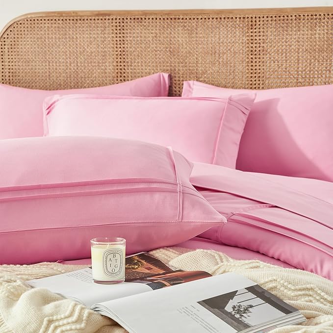 Yogeneg Queen Comforter Set 7 Piece Bed in a Bag,Grid Pinch Pleat Pink Bedding Set,Striped Textured Soft Microfiber Comforter with Sheet Set,All Season Complete Bed Set(Pink,Queen)