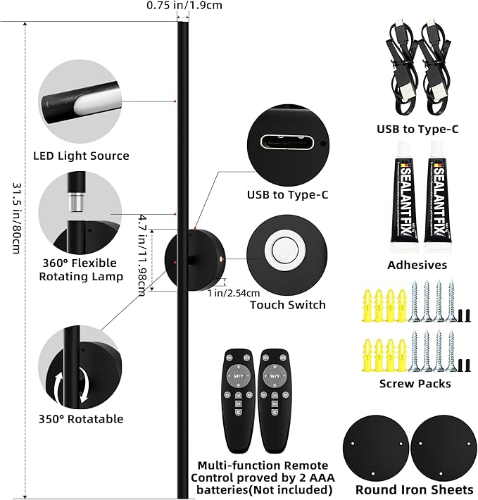 Battery Operated Sconces Set of Two: Wireless Magnet Wall Lights Rechargeable with Remote Cordless Adhesive LED Sconces Wall Lighting Indoor for Living Room Bedroom Hallway Decor Black