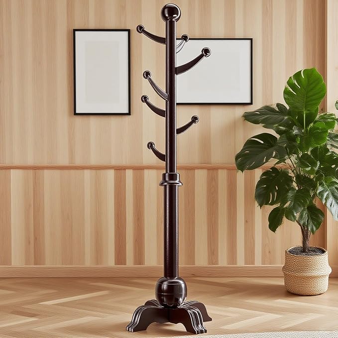 Hall Tree, Freestanding Wood Tree Rack with 7 Hooks, Coat Rack with Stable Sphere Base, Wooden Coat Rack Stand, Load 210 lb, Coat Hanger Stand for Entryway, Hallway, Bedroom (Black-Red)