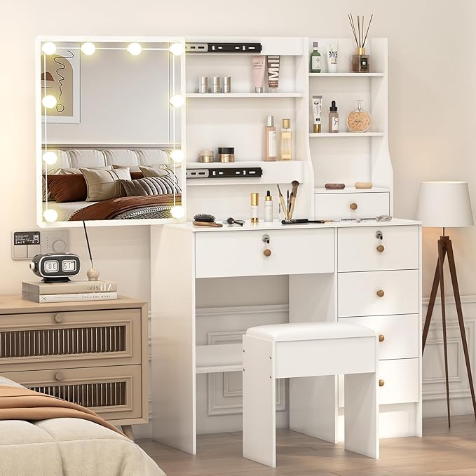 Vanity Desk with Makeup Mirror and Light, Makeup Dressing Table with 5 Drawers and Cushioned Stool for Bedroom, White Dressing Desk for Bedroom
