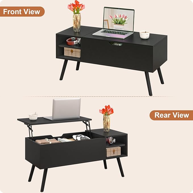 ALINE FURNITURE Black Coffee Table Lift Top - Wood Coffee Table with Hidden Compartment Storage - 40" Lift Up Coffee Tables for Living Room