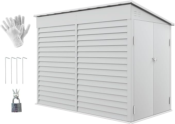 Outsunny 4.6' x 9' Steel Outdoor Storage Shed, Lean to Shed, Metal Tool House with Foundation Kit, Lockable Doors, Gloves and 2 Air Vents for Backyard, Patio, Lawn, White