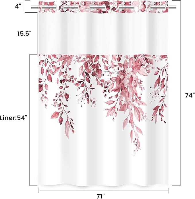 No Hook Shower Curtain with Snap in Liner - Eucalyptus Shower Curtain - Washable Waterproof Inner Liner, Plants Pink Leaves Modern Shower Curtains - Machine Washable, 71 x 74
