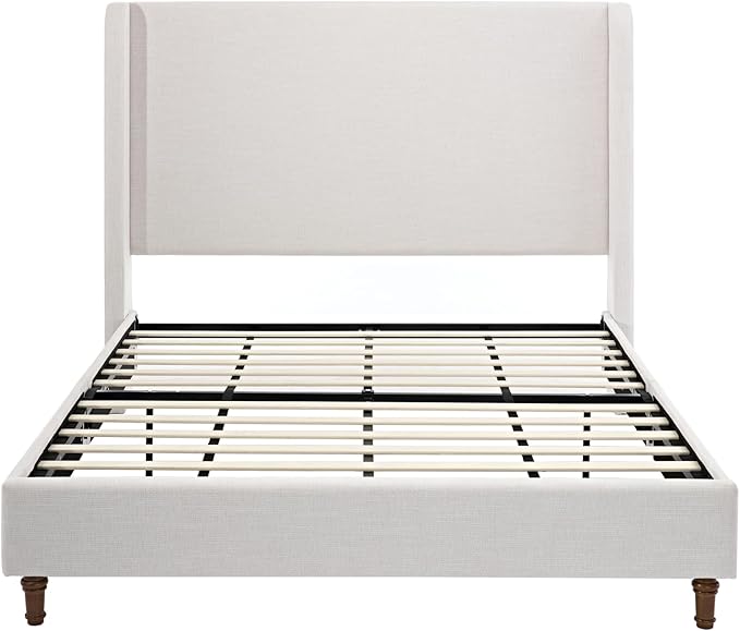 54" Tall Headboard Bed Frame with Chenille Upholstery, High Wingback Platform Bed, Sturdy Metal Foundation and Solid Wood Feet (Textured Ivory, Queen (U.S. Standard))
