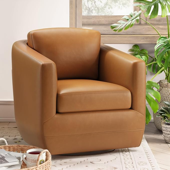 COLAMY 360° Swivel Accent Chair Set of 2 with Pillow - Comfy Living Room Armchair No-Sag Foam & Sturdy Metal Base, Fully Assembled Swivel Accent Single Sofa for Bedroom Living Room, Office, Brown