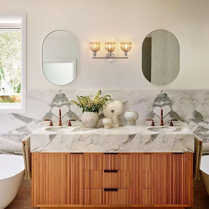 Bathroom Light Fixtures, 3-Light Vanity Wall Light Over Mirror with Amber Tulip Glass Shade for Bedroom Living Room, Satin Nickel