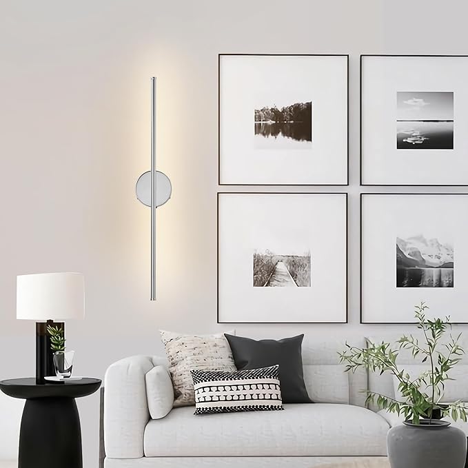 Battery Operated Wall Sconces with Remote Control, Dimmable Wall Sconces Set of Two, 350°Rotate, 3000K LED Chrome Wireless Wall Light for Living Room, Bedroom, Hallway, 28.3 Inch (2 Pack)