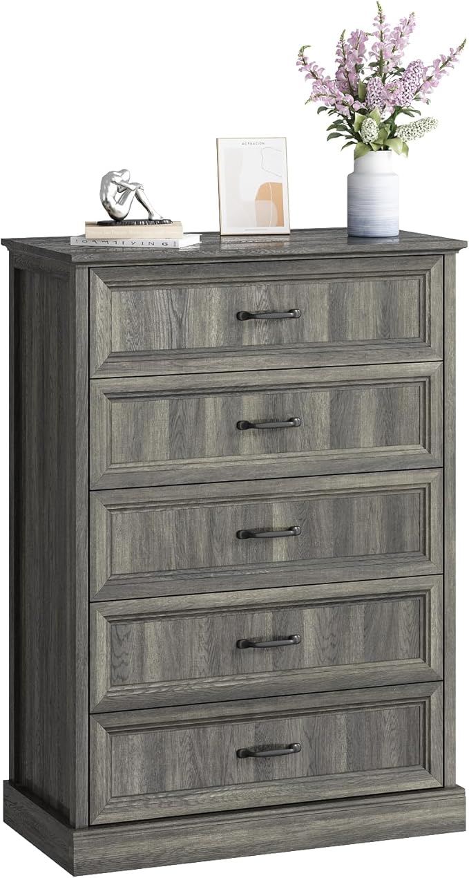 Farmhouse 5 Drawers Dresser for Bedroom, 44" Tall Grey dresser Wood Rustic Chest of Drawers with Wide Metal Handle,Natural Texture,Drawer Organizer for Bedroom,Living Room,Hallway and Entryway