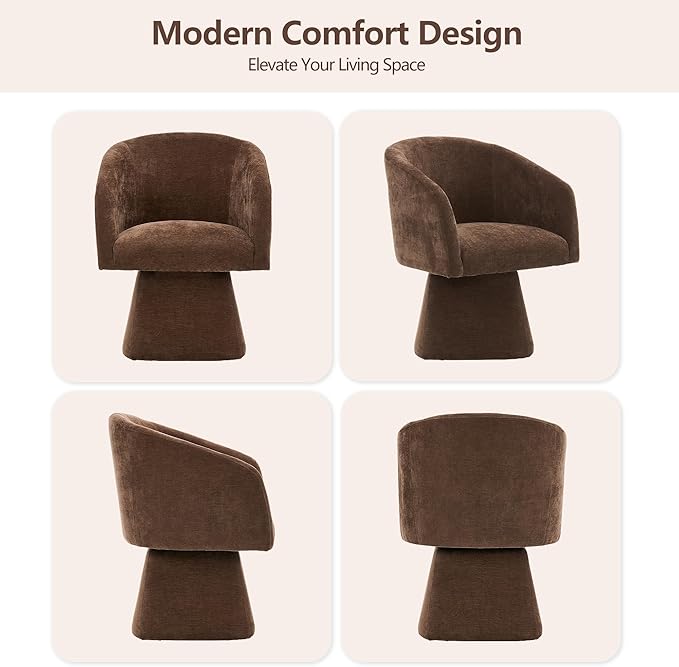 Swivel Modern Accent Chair,Luxury Fabric Upholstered Makeup Chair Comfy Barrel Chair with No Wheels,360°Rotating Vanity Armchair for Living Room Bedroom Office(Brown)