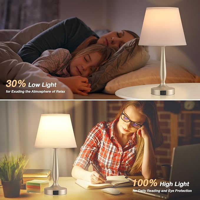 Kakanuo Touch Table Lamp for Bedroom, Small Bedside Lamp with USB C Charging Port, 3 Way Dimmable Touch Control Nightstand Lamp for Living Room, White Shade and Champagne Gold Base