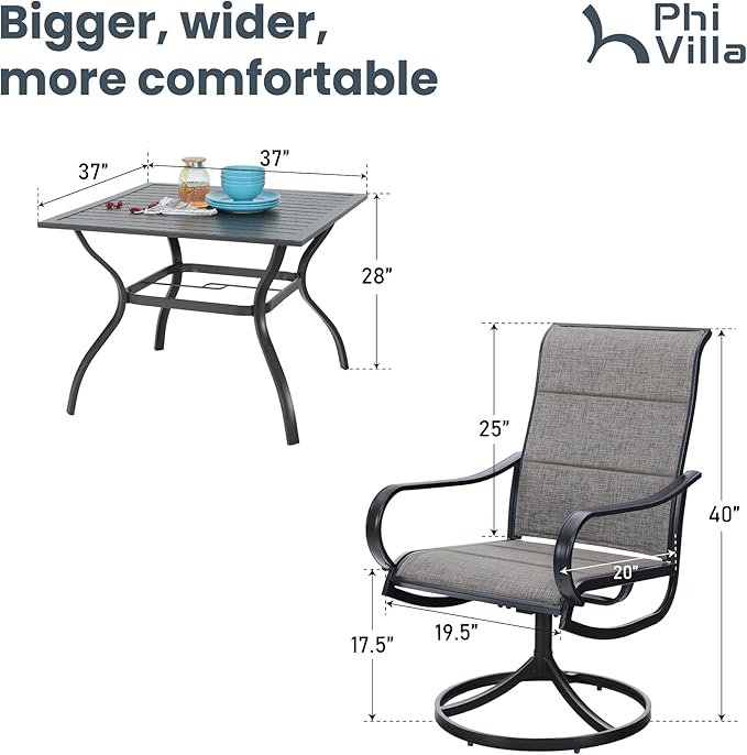PHI VILLA 5 Piece Patio Dining Set with 4 Padded Outdoor Swivel Dining Chairs and 37"x 37" Metal Steel Dining Table with Umbrella Hole, Outdoor Dining Table and Chairs Set for Deck Pool Lawn