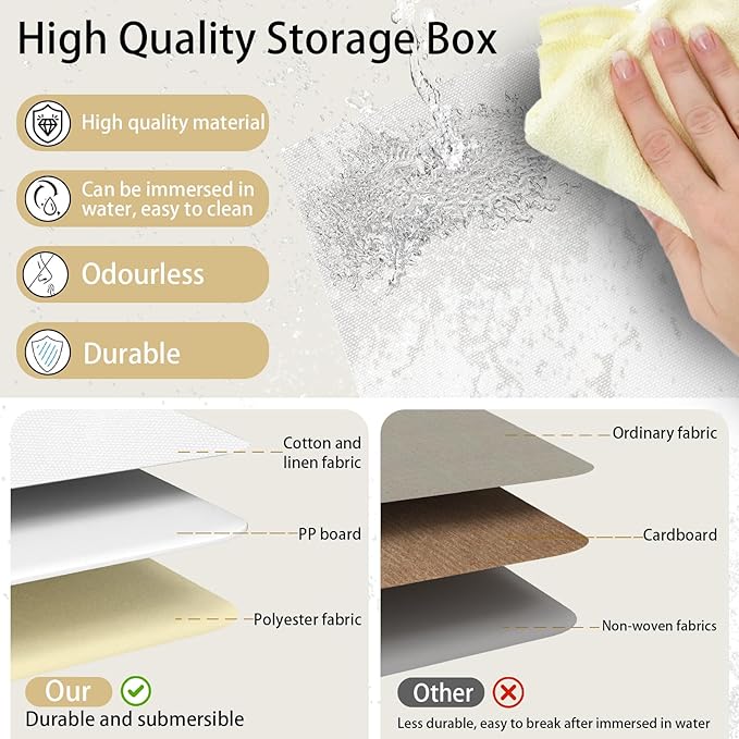 Yawinhe Fabric Storage Baskets, Foldable Closet Organizer for Shelves, Large Boxes with 3 Handles, Canvas Bins for Clothes, White/Grey, 12.99''Lx9.05''Wx7.87''H, 2-Pack