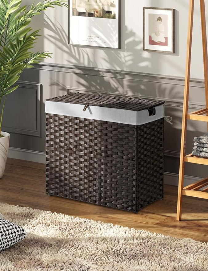 Greenstell Laundry Hamper with lid, No Install Needed, 130L Wicker Laundry Baskets Foldable 2 Removable Liner Bags, 2 Section Clothes Hamper Handwoven Rattan Laundry Basket with Handles, Brown