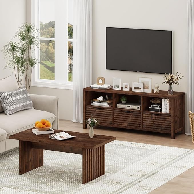 BON AUGURE Coffee Table for Living Room, Farmhouse Wood Center Table, Rectangle Mid-Century Living Room Tables, Unique Fluted Panel Coffee Tables (Rustic Oak, 43Inch)