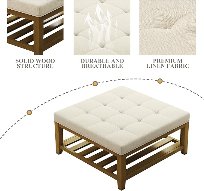 Large Square Ottoman Coffee Table, Linen Solid Upholstered Footrest Ottoman with Solid Wood Shelf Storage Tufted Coffee Table for Bedroom Living Room, Ivory