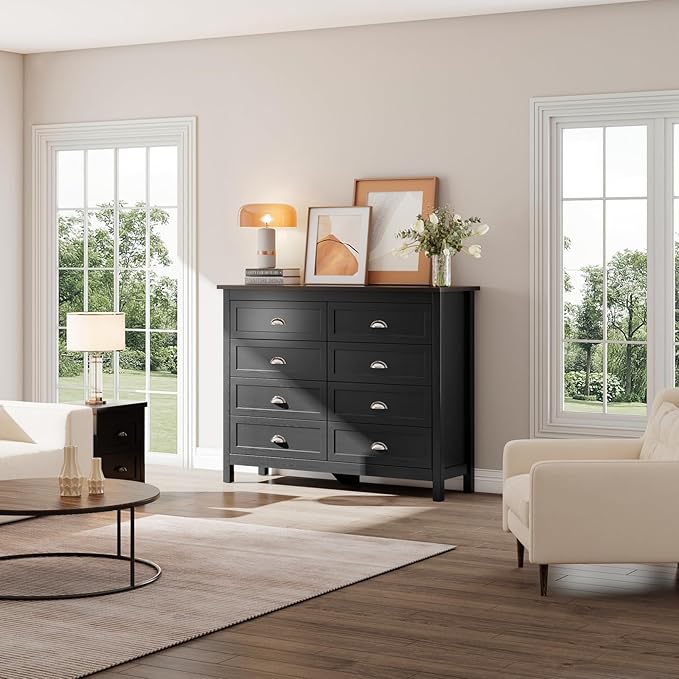 8 Drawer Dresser, Farmhouse Tall Dresser for Bedroom, Antique Black Chest of Drawers, Modern Double Dressers for Bedroom, Closet