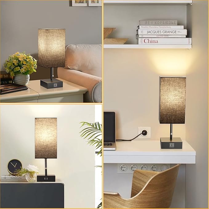 GGOYING USB Bedside Table Lamp, Pull Chain Nightstand Table Lamp with 2700K LED Bulb, Black Fabric Linen Lampshade, USB C+A Charging Ports for Living Room Bedroom Office