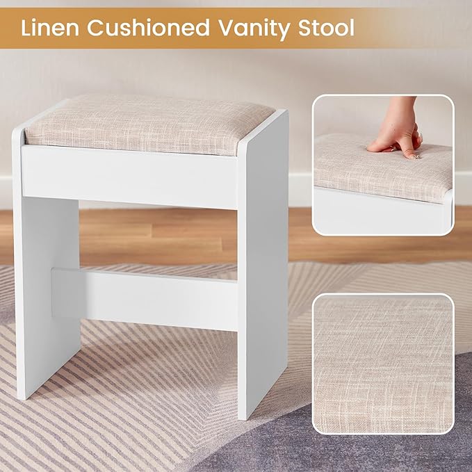 Quimoo 48" Large Vanity Desk with Mirror & Lights, Makeup Vanity Table with 6 Drawers & Power Outlet, 4 Open Storage Shelves, Vanity Desk Set with Stool, for Women Girls, White