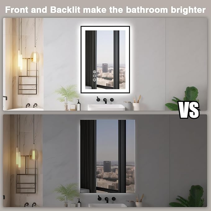 24x36 LED Bathroom Mirrors for Wall -Black Aluminum Framed (Front and Backlit), Anti-Fog Vanity Mirror with Lights,Stepless Dimmable Lighted, 3 Colors Smart Mirror(Horizontal/Vertical)