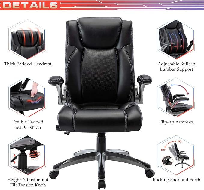 COLAMY Ergonomic Office Chair, High Back Leather Desk Chair with Adjustable Lumbar Knob, Thick Cushion Seat, Flip-up Armrests, Rocking Function, Computer Chair for Home Office, Black