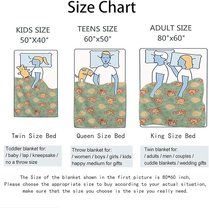 Wild Cute Animals Monkey Throw Blanket, Flannel Fleece Bed Blanket, Super Soft Cozy Fuzzy Plush Blankets for Couch Sofa Office Traveling Kids Bedroom Adults Living Room All Season, 80"x60"