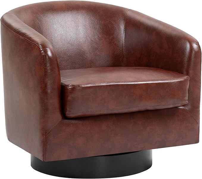 UIXE 360° Swivel Barrel Accent Chair Armchair, PU Leather Round Club Arm Chair for Lving Room, Modern Upholstered Small Bedroom Single Sofa Seat - Red Brown, Set of 2