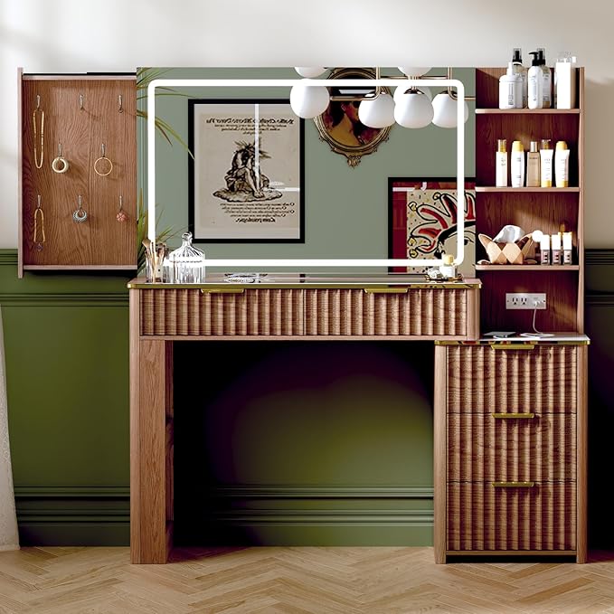 Modern Vanity Desk with Mirror and Lights, 49.2'' Fluted Makeup Vanity Desk with 5 Drawers and Shelves,Dressing Table with Glass Top and Power Outlet for Bedroom,Walnut