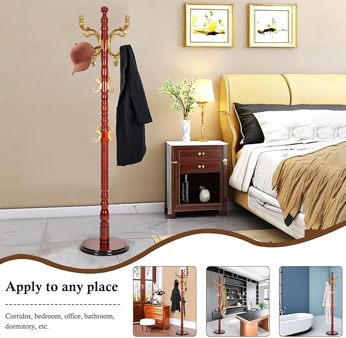 Coat Rack Stand, Solid Wooden Coat Tree with 14 Hooks, Heavy Duty Coat Rack Freestanding with Sturdy Round Base, Natural Birch Wood Coat Hanger Stand for Entryway Bedroom (Begonia)