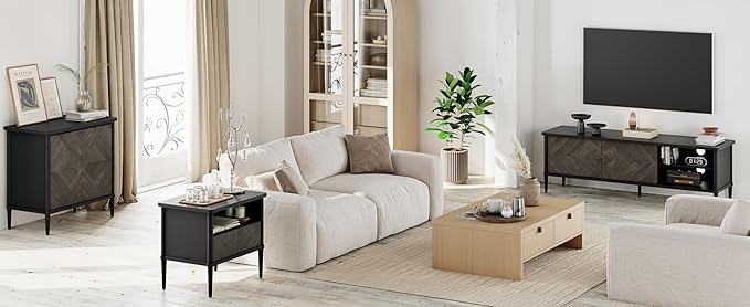 Lenia Solid Wood TV Stand – Mid-Century Modern Entertainment Center, Wooden Media Console with Chevron Doors, Adjustable Shelves & Cable Management – Sturdy Design – Mocha Black Finish