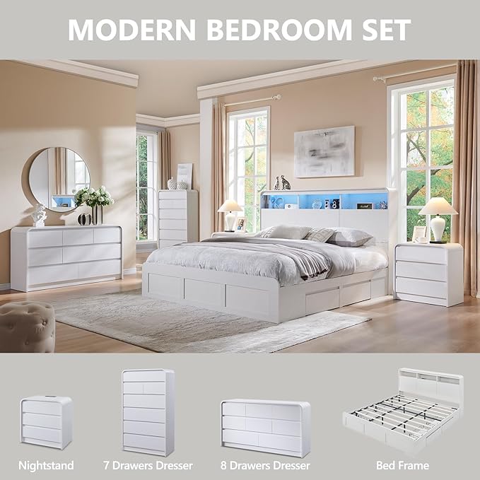 Modern 7 Drawers Dresser for Bedroom, 55" Tall Dressers & Chest of Drawers w/Curved Profile Design, Wood Mid Century Vertical Storage Dressers Organizer for Bedroom, Living Room, White