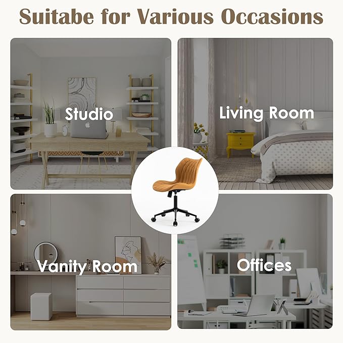 YOUNUOKE Armless Desk Chair Comfy Office Chair with Wheels Home Ergonomic Task Chair Adjustable Computer Chairs Modern Faux Leather Swivel Chair Upholstered Makeup Vanity Chair with Back(Camel)