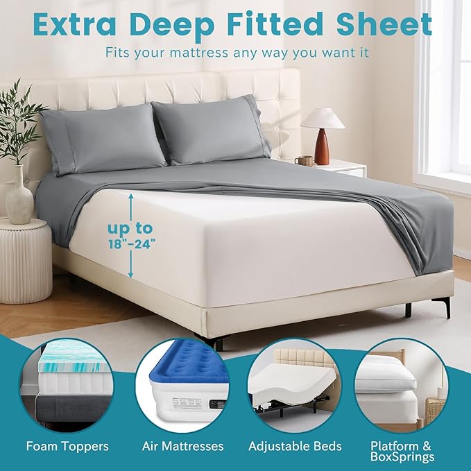 Bedlifes Queen Sheet Set, Extra Deep Pocket 18-24 Inches,1000Thread Count 100% Egyptian Cotton, Soft and Breathable Sateen 4-Piece,Grey