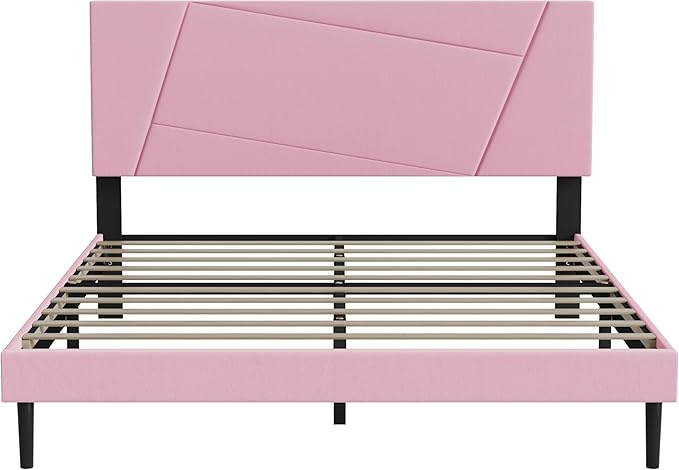 Queen Size Bed Frame, Queen Platform Bed Frame with Velvet Upholstered Headboard, Geometric Pattern, Sturdy Frame and Slats, Noiseless, No Springs Required, Easy to Assemble,Pink