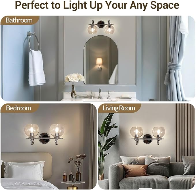 ANDY STAR Chrome Bathroom Light Fixture, 2-Light Modern Vanity Lights, Modern Wall Sconce with Clear Globe Glass Shades, Industrial Wall Lamp with Curved Arm for Bathroom, Powder Room, Over a Mirror