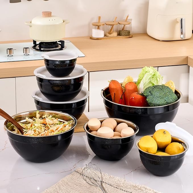 Black Mixing Bowls with Airtight Lids, Stainless Steel Nesting Mixing Bowls Set of 7, Ideal for Baking, Prepping and Serving Food, Size 7, 3.6, 2.7, 2.1, 1.5, 1.1,0.8 QT, Stackable Design
