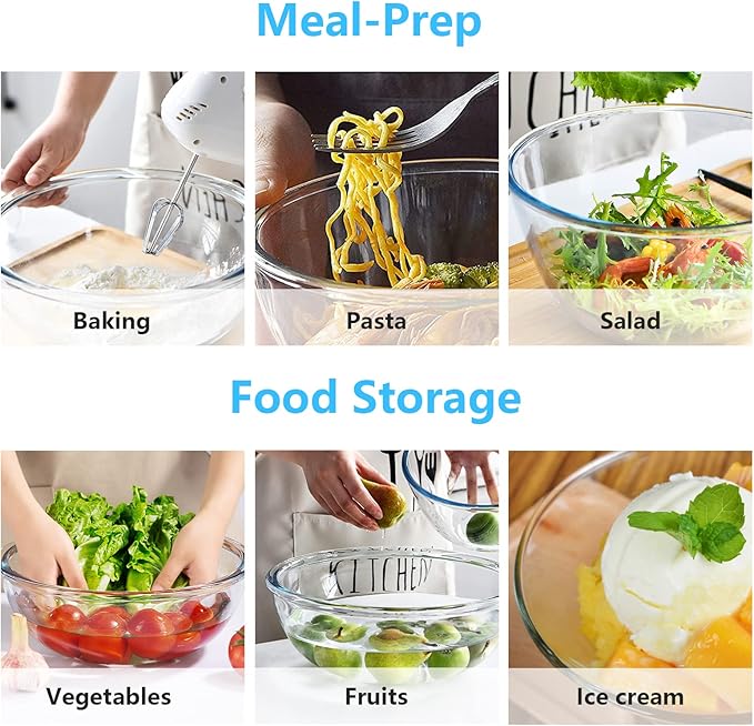 WhiteRhino Glass Mixing Bowl with Lids Set of 5, 0.2, 0.5, 1.1, 2.1, 3.75 QT, Large Salad Bowls with BPA-Free Lids, Space-Saving Nesting Bowls for Kitchen Food Storage, Glass bowl for Cooking, Baking