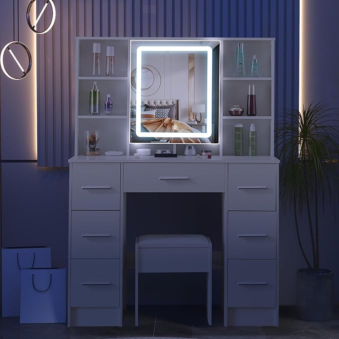 Large Vanity Table Set, 7 Storage 8 Shelves Makeup Table with Mirror & LED Lights, Modern Dressing Table with Soft Stool and 3 Brightness Adjustable for Girls and Women, White