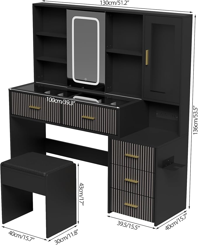 Large White Vanity Desk with Mirror and Lights,Vanity Table Makeup Vanity 5 Drawers with Power Strip Charging Station,Cushioned Stool for Bedroom, Dressing Room (Black)