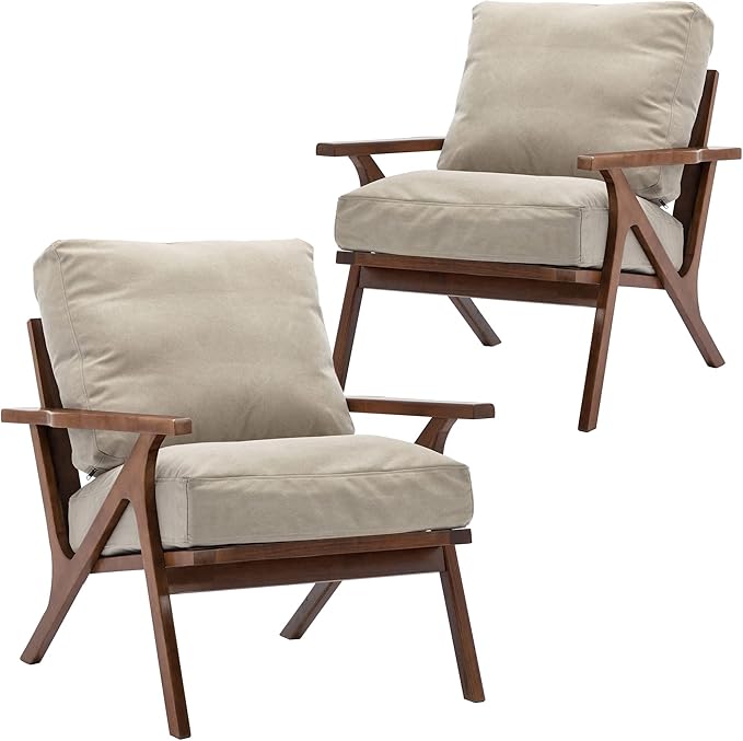 Wahson Set of 2 Mid Century Chair, Upholstered Accent Armchairs, with Wood Frame and Canvas Cushions, Leisure Slipper Chair for Living Room/Bedroom, Beige