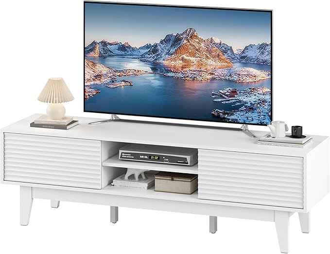 Fluted TV Stand for 55 65 Inch TV, Mid Century Modern Entertainment Center with Shelves, Cabinets & Sliding Doors, TV Media Console Table with Wood Feet & Cord Holes for Living Room, Bedroom, White