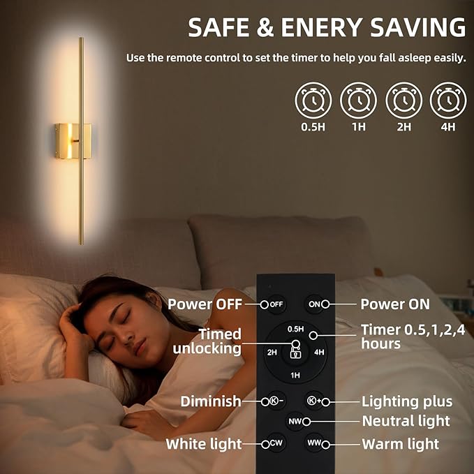 Battery Operated Wall Sconces set of 2, 16000mAh Brushed Gold Rechargeable Wall Sconce with Remote Control, 3000K-6000K Dimmable LED Wireless Wall Light for Living Room Hallway Bedroom Stairs 29 Inchs