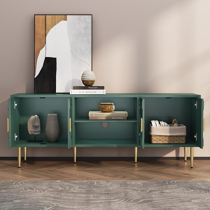 HLR 63'' Modern TV Stand for 65/70/75 inch TV, Entertainment Center with Storage Cabinet, Mid Century Green TV Stand,Embossed Pattern TV Console, TV Media Console for Living Room, Bedroom
