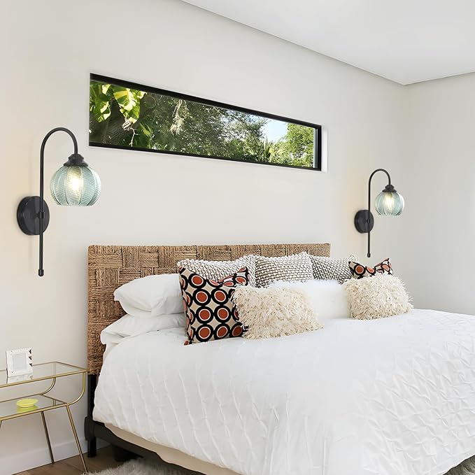 KCO Lighting Mid Century Modern Wall Sconce Matte Black Vintage Bathroom Light Fixture Green Glass Globe Wall Light Hallway Indoor Sconces Wall Lighting Set of 2