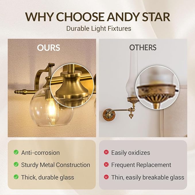 ANDY STAR 2 Light Bathroom Vanity Light, Brushed Gold Bathroom Light Fixtures, Wall Lighting with Clear Globe Glass Shades, Brass Wall Sconce for Living Room, Bedroom, Hallway