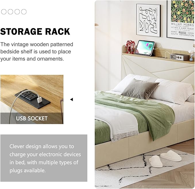 Queen Bed Frame with 3 Drawers, Upholstered Bed Frame Queen with Storage Headboard, AC USB & Type C Charge Station,Wooden Support Slats No Box Spring Needed Easy Assembly,Beige